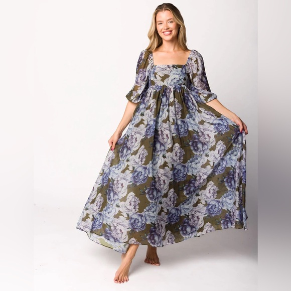 Worth Collective Dresses & Skirts - Floral Square-Neck Long Sleeve Maxi Dress - Olive & Lavender